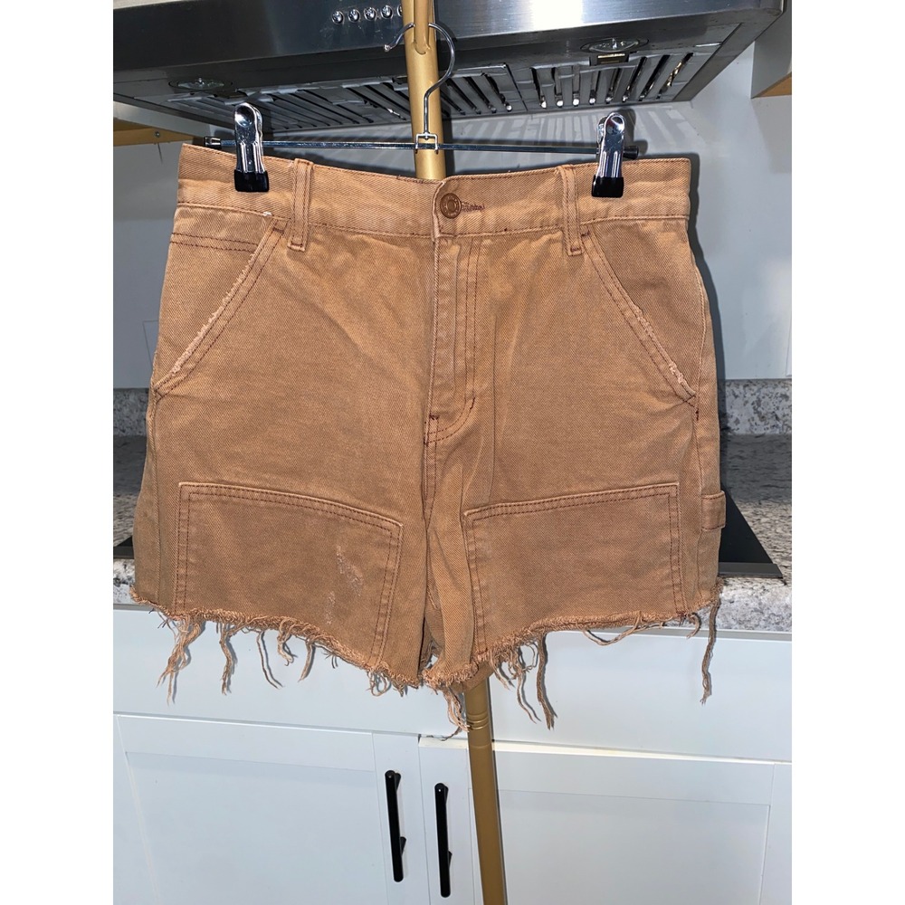 PacSun Womens High Waisted Carpenter Denim Shorts Brown Frayed Hem Size 27